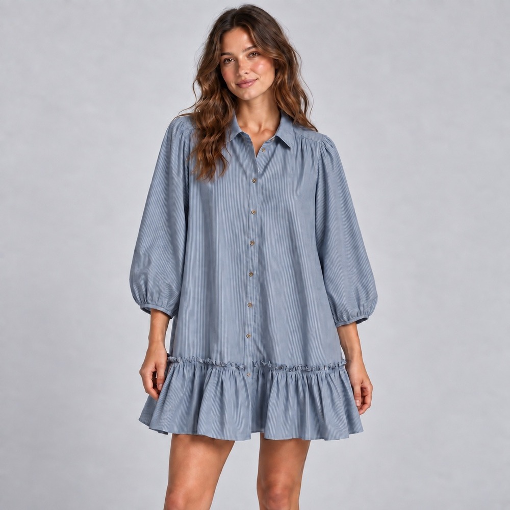 Anthropologie Blue Stripe Ruffle Shirt Dress Small Cotton Balloon Sleeve mini
